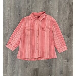 Valerie Stevens Shirt Womens L Linen Stripe Button Up Pink Vintage Summer Resort